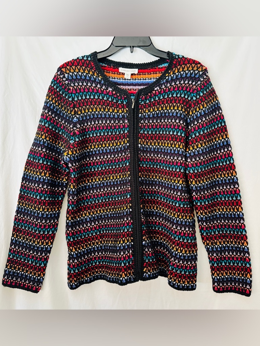 Coldwater Creek Colorful Crochet Knit Zip Cardigan Sweater L Boho Multicolor